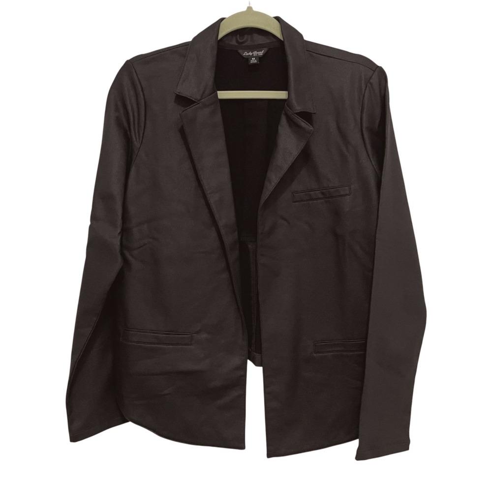 Lucky Brand Blazer Size M Black Coated Cotton Open Front Faux Leather Look